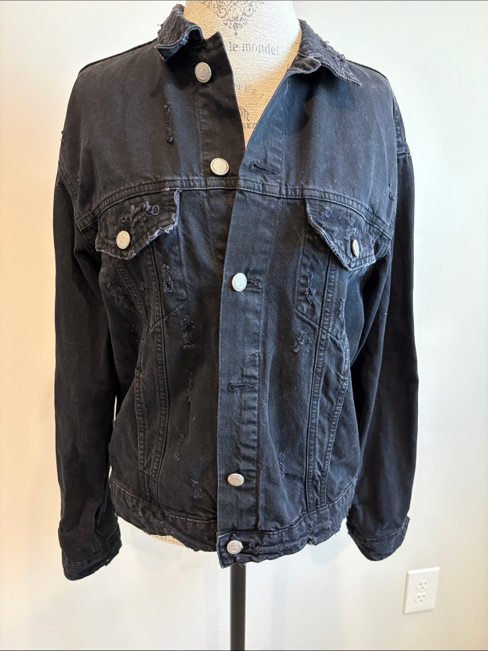 Zara Washed Black Distressed Denim Jacket